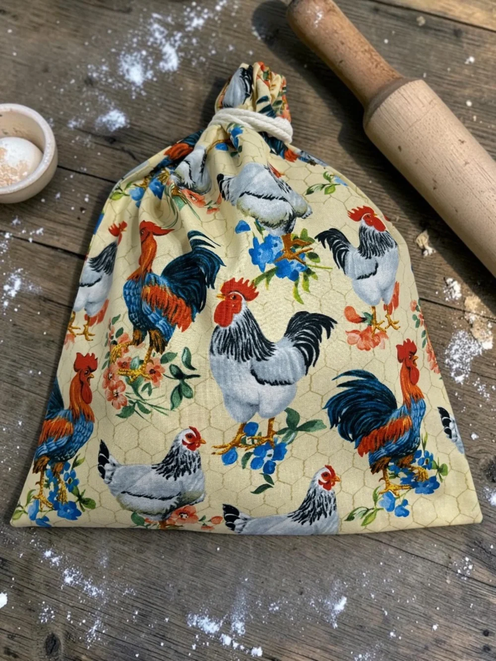 Farmhouse Raise Chickens Cotton Bread Bag, Reusable Cloth Sourdough Storage